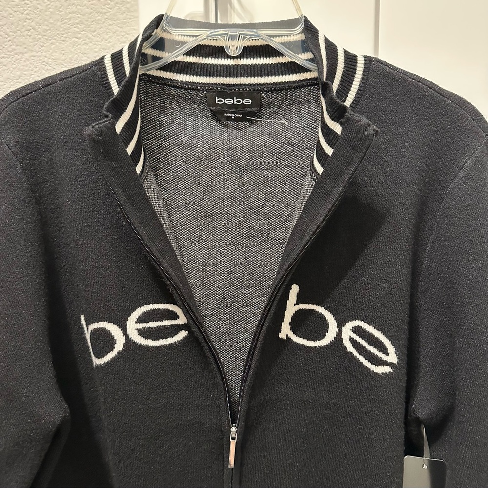NWT bebe Black Zip-Front Logo Cardigan with Striped Trim size M - Picture 4 of 5